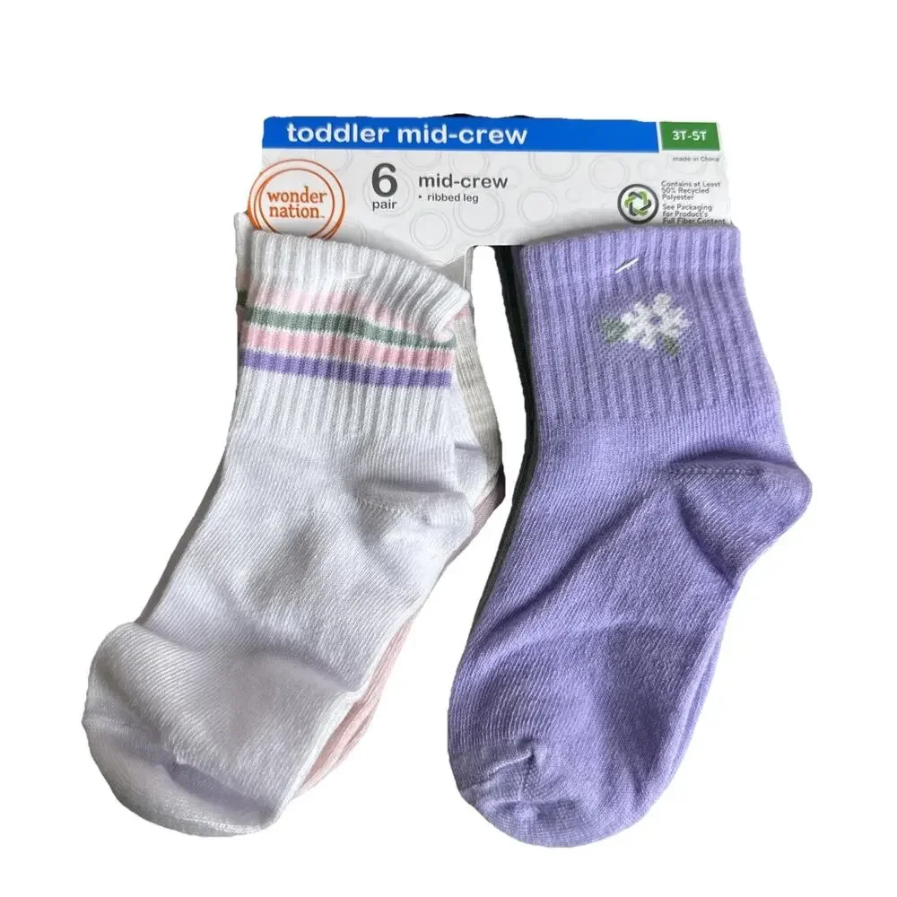 Wonder Nation Toddler Girl Mid Crew Socks 6 Pack Sizes 3T-5T New